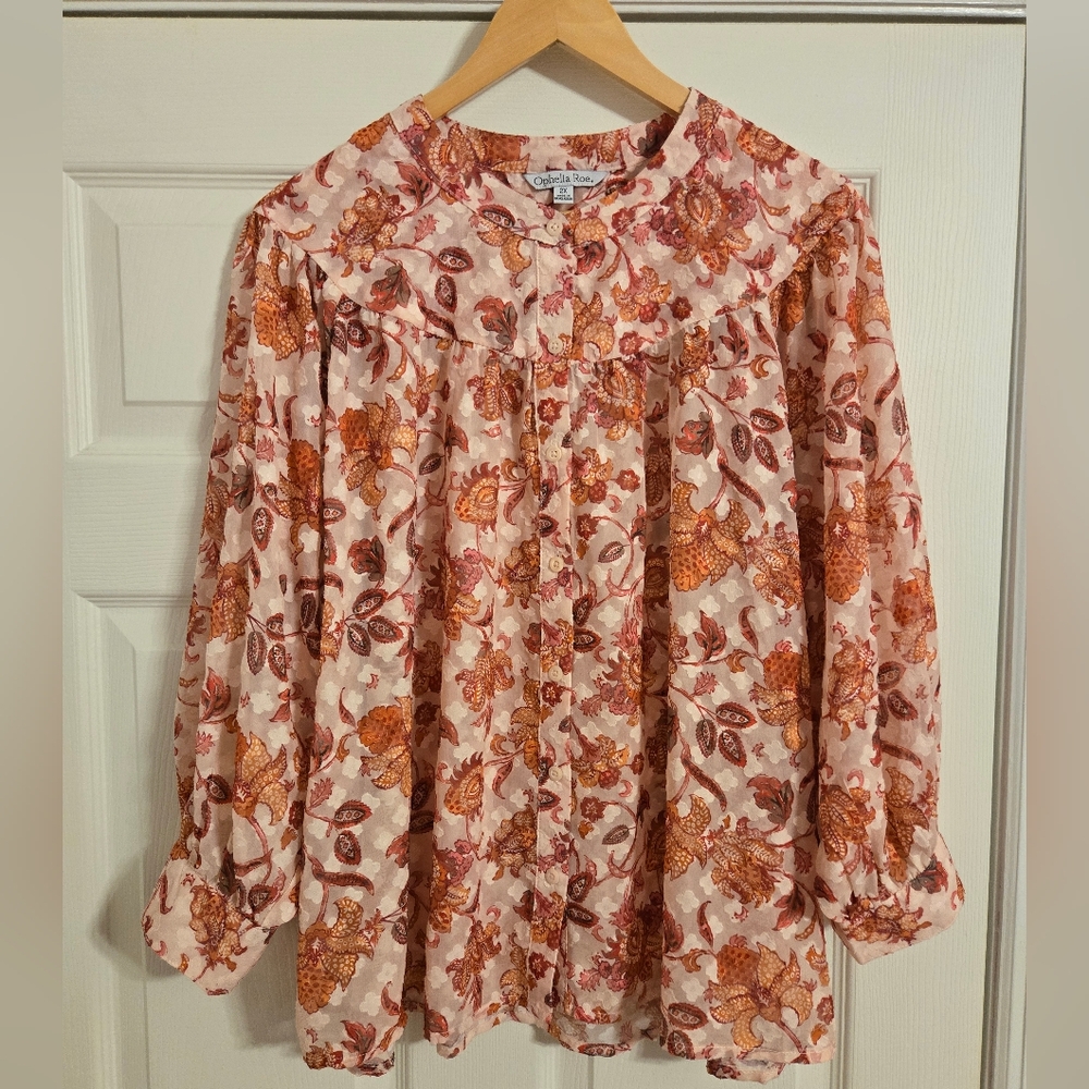 Ophelia Roe Woman's Pink Floral Blouse Button Front Size 2X